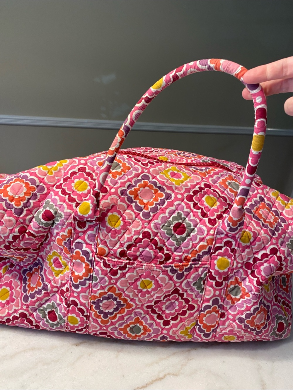 Pottery Barn Pink Multi Floral Quilted Travel Duffel Bag